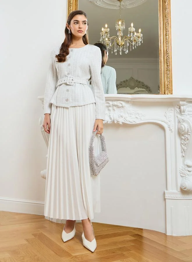 Styli  Women Off-White Tweed Top and Pleated Skirt Co-Ords for Women | Best Price UAE